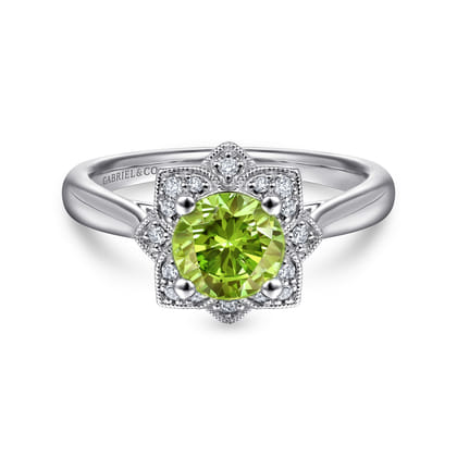 Promise Ring - Vintage Inspired 14K White Gold Round Peridot and Floral Diamond Halo Promise Ring