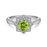 Promise Ring - Vintage Inspired 14K White Gold Round Peridot and Floral Diamond Halo Promise Ring - 0.09 ct