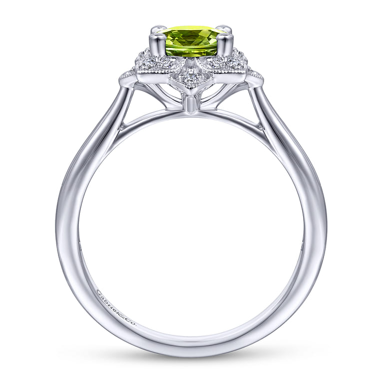 Promise Ring - Vintage Inspired 14K White Gold Round Peridot and Floral Diamond Halo Promise Ring - 0.09 ct - Shot 2