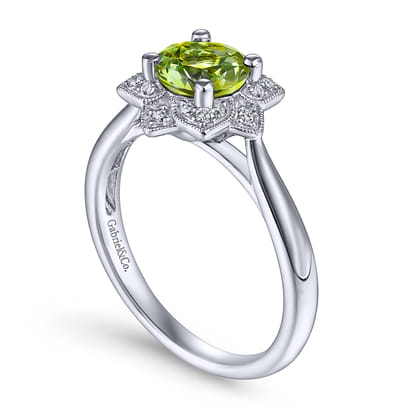 Promise Ring - Vintage Inspired 14K White Gold Round Peridot and Floral Diamond Halo Promise Ring
