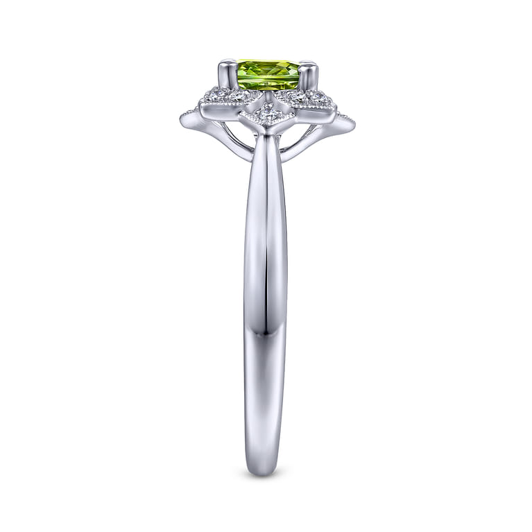 Promise Ring - Vintage Inspired 14K White Gold Round Peridot and Floral Diamond Halo Promise Ring - 0.09 ct - Shot 4