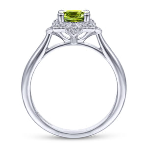 Promise Ring - Vintage Inspired 14K White Gold Round Peridot and Floral Diamond Halo Ring