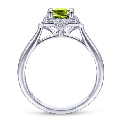 Promise Ring - Vintage Inspired 14K White Gold Round Peridot and Floral Diamond Halo Ring