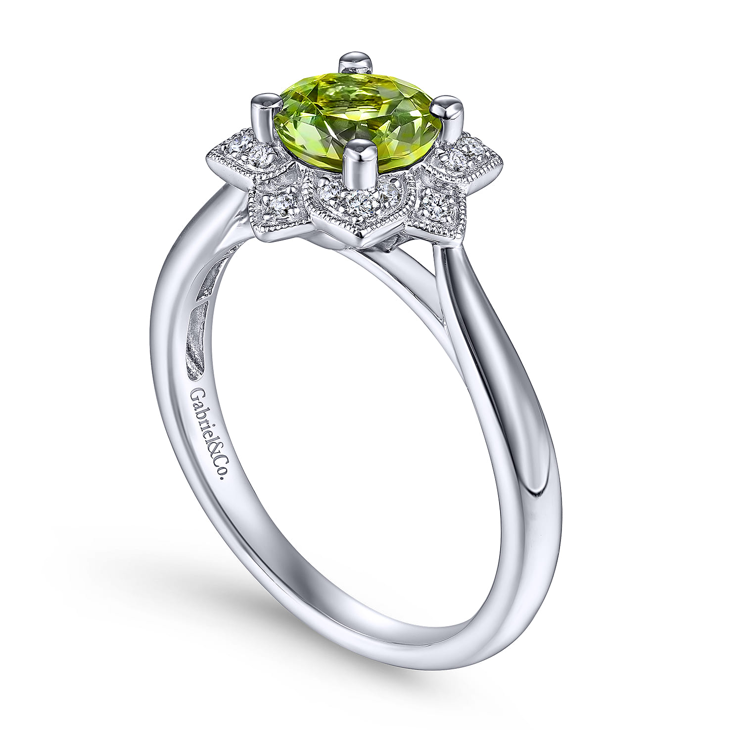 Promise Ring - Vintage Inspired 14K White Gold Round Peridot and Floral Diamond Halo Ring