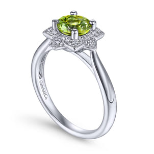 Promise Ring - Vintage Inspired 14K White Gold Round Peridot and Floral Diamond Halo Ring