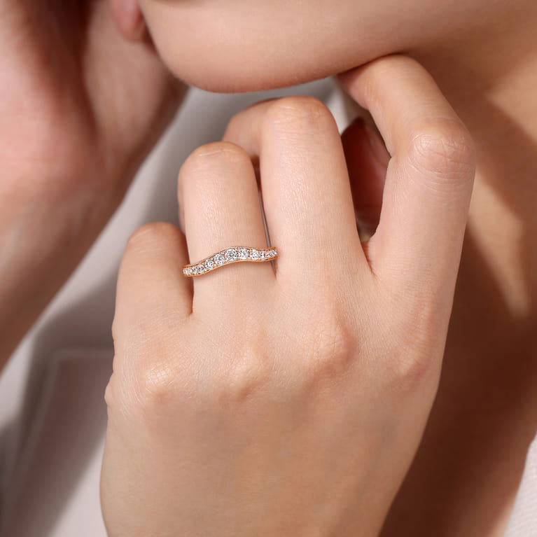 Curved Wedding Ring in 14k Rose Gold with Round Natural Diamond at Gabriel & Co. - Shot 5
