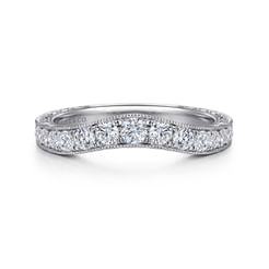 Vintage Inspired 14K White Gold Curved Channel Set Diamond Wedding Band with Engraving