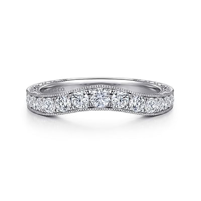 Provence - Vintage Inspired 14K White Gold Curved Channel Set Diamond Wedding Band with Engraving