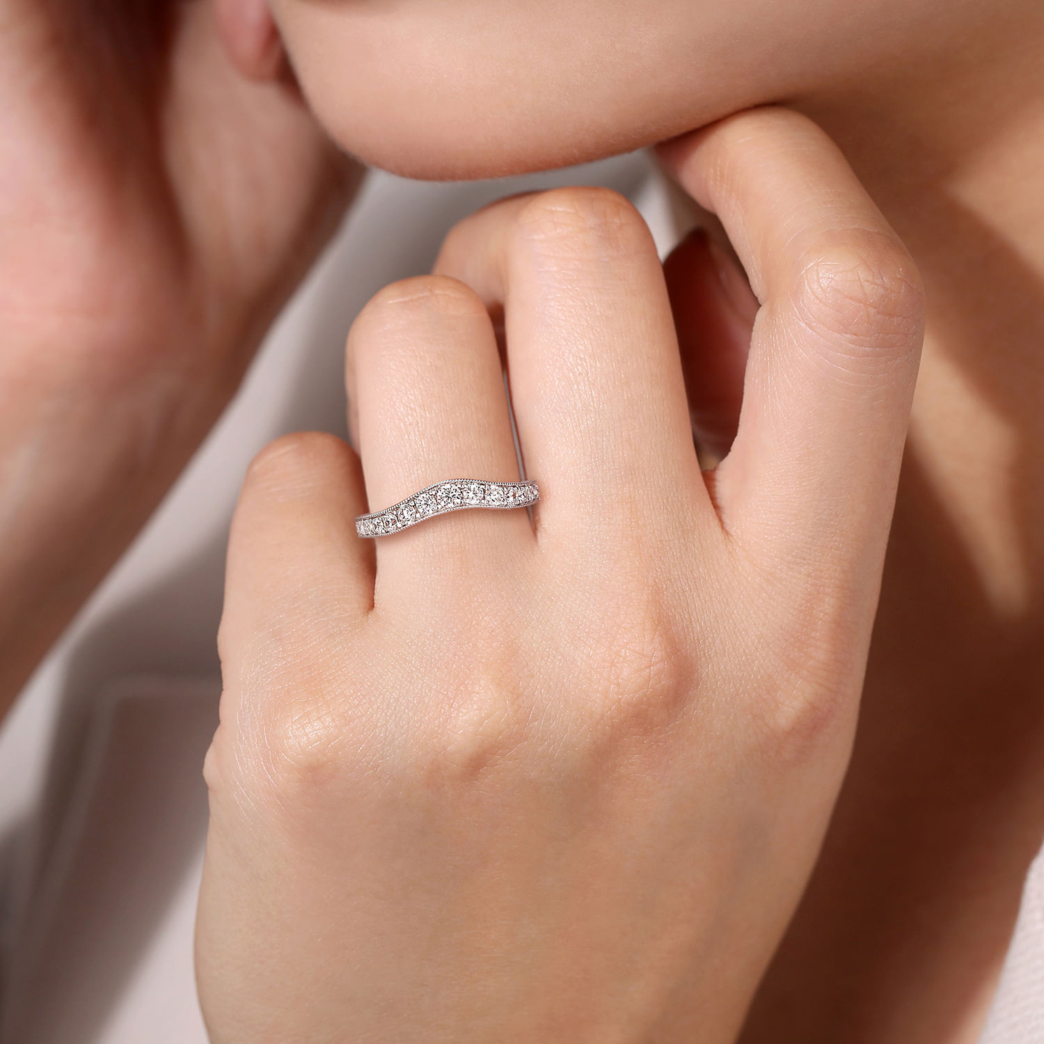 Provence - Vintage Inspired 14K White Gold Curved Channel Set Diamond Wedding Band with Engraving