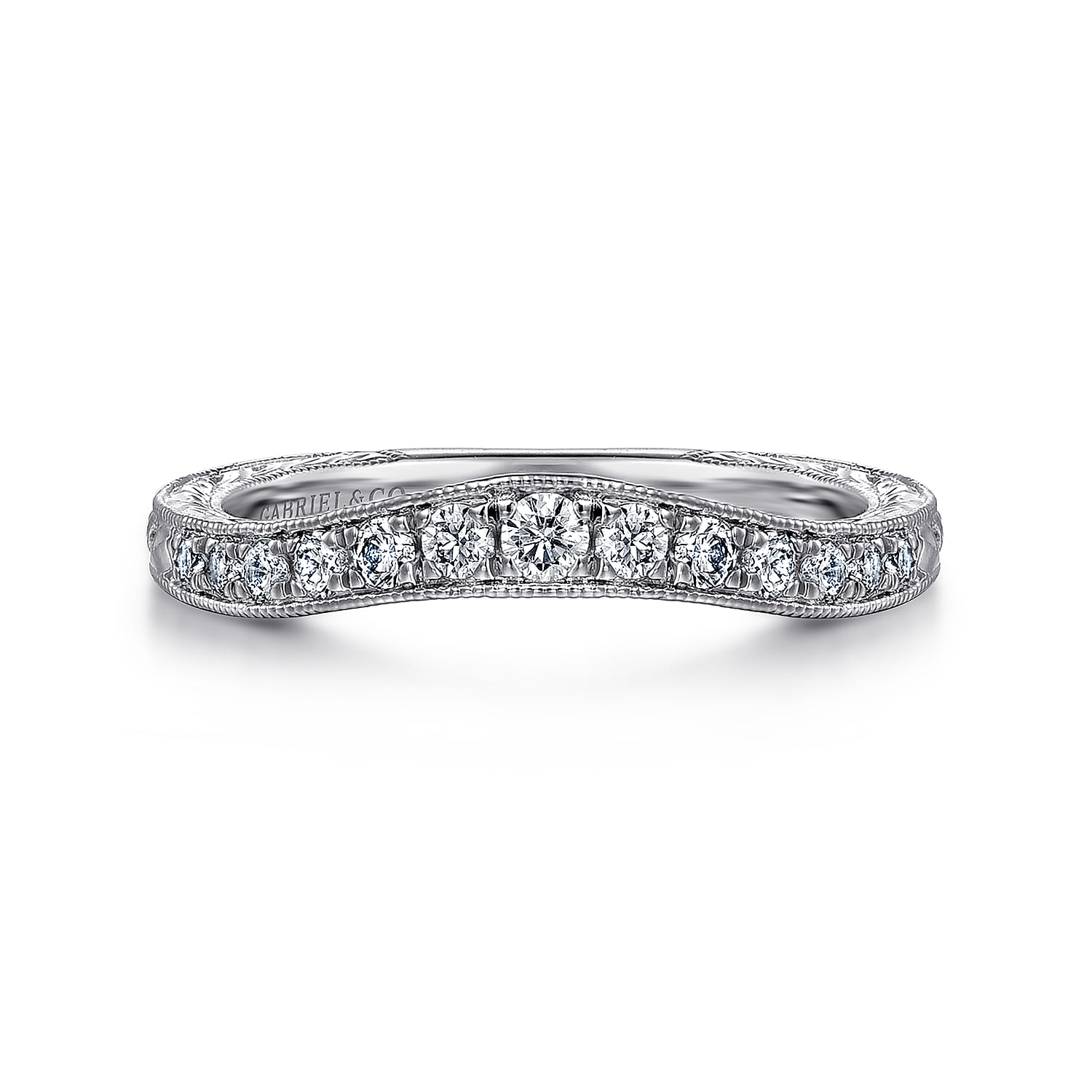 Curved Wedding Ring in 14k White Gold with Round Natural Diamond at Gabriel & Co. - Shot 1
