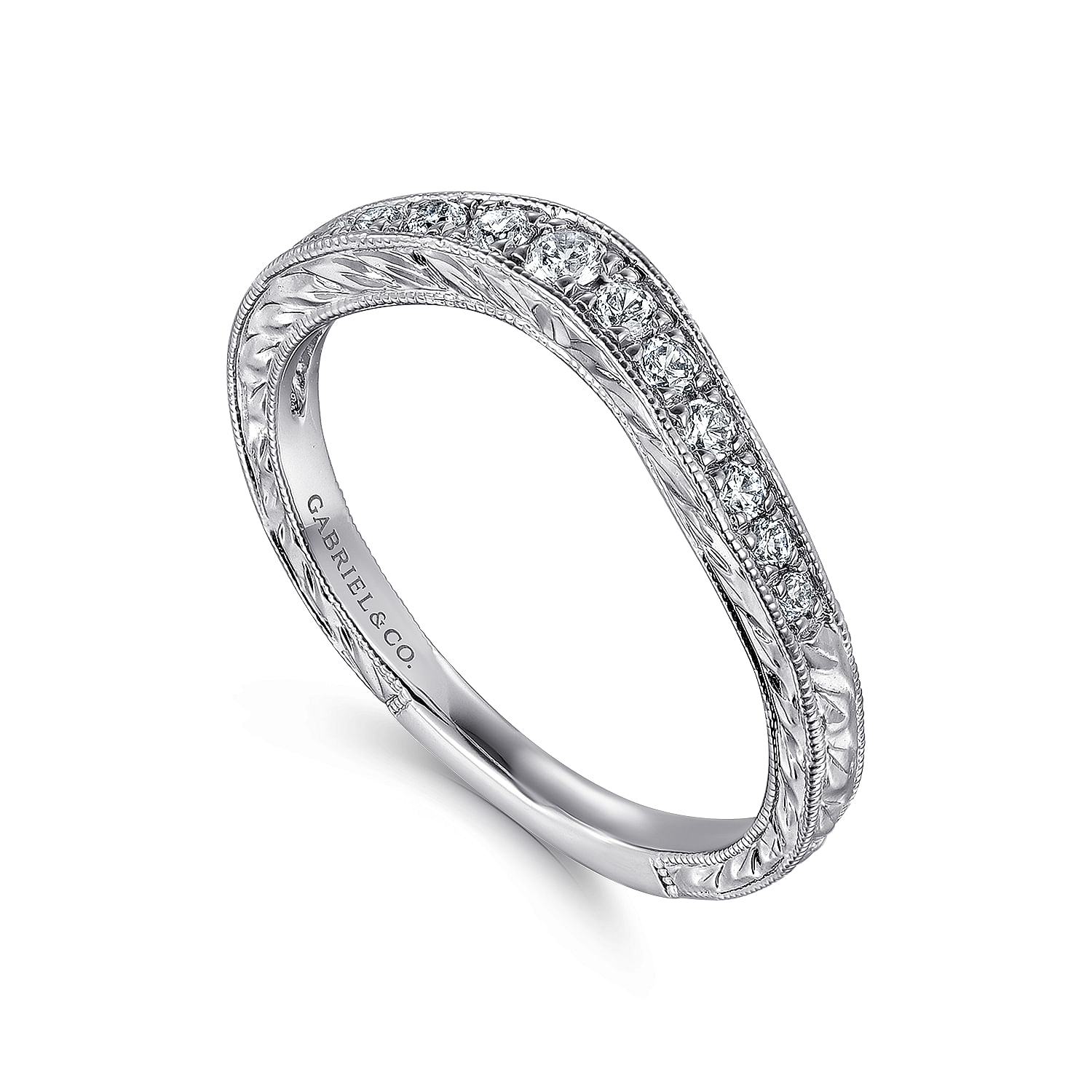 Provence - Vintage Inspired  Curved 14K White Gold Micro Pave Diamond Wedding Band with Engraving - 0.25 ct - Shot 3