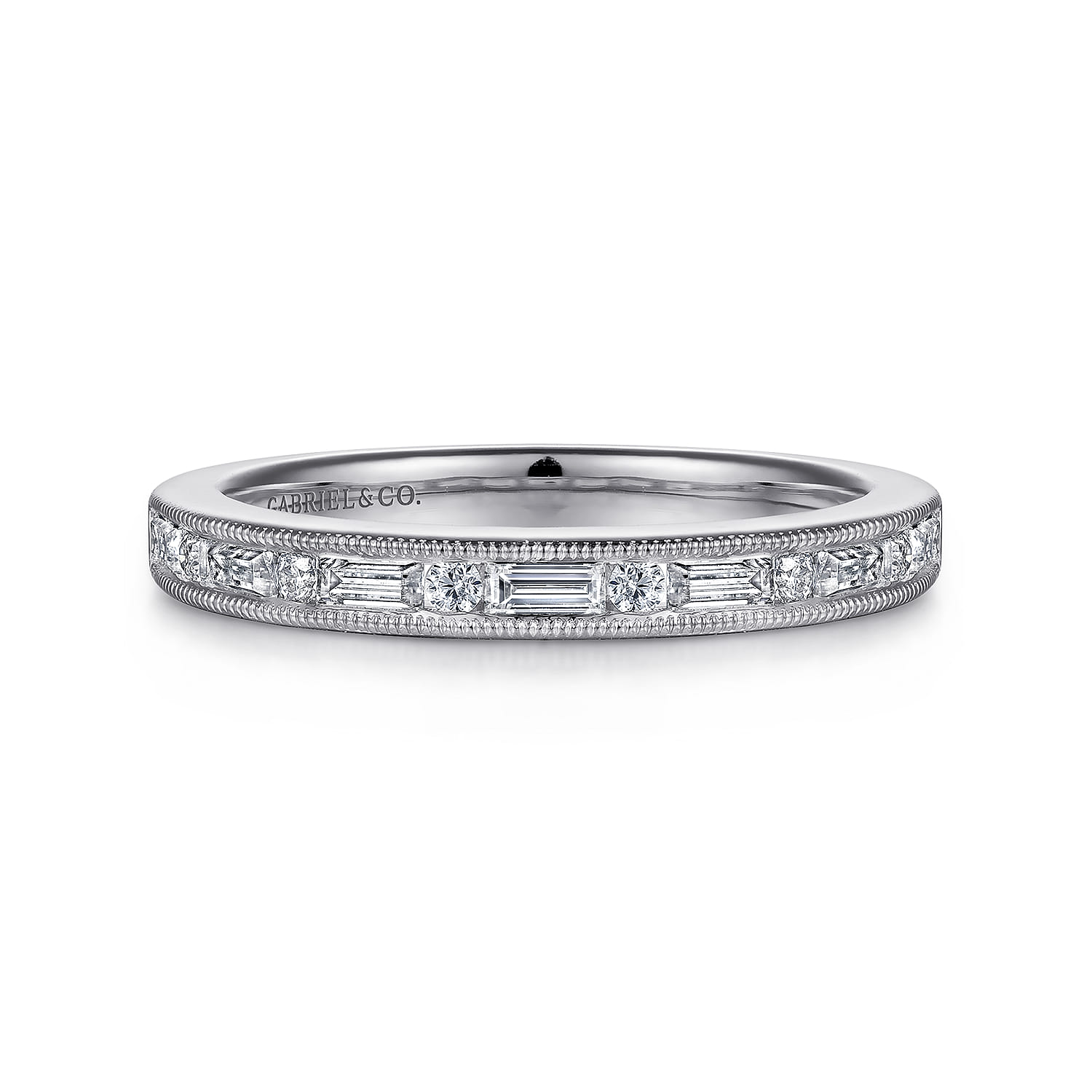 Fancy Wedding Ring in 14k White Gold with Baguette Natural Diamond at Gabriel & Co. - Shot 1