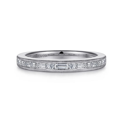 Raigne - 14K White Gold Channel Set Baguette and Round Diamond Anniversary Band