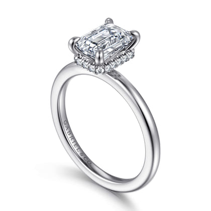 Rainah - 14K White Gold Hidden Halo Emerald Cut Diamond Engagement Ring