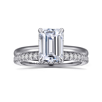 Rainah - 14K White Gold Hidden Halo Emerald Cut Diamond Engagement Ring