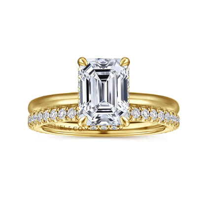 Rainah - 14K Yellow Gold Hidden Halo Emerald Cut Diamond Engagement Ring