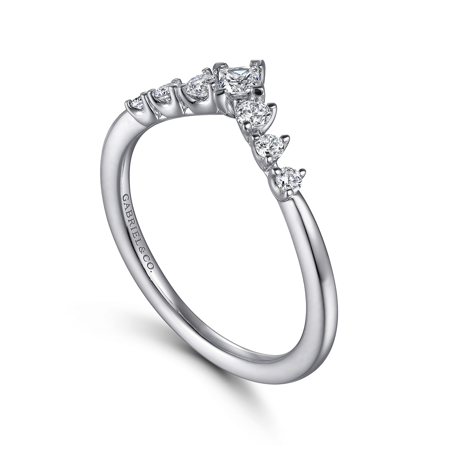 Curved Wedding Ring in 14k White Gold with Princess Cut Natural Diamond at Gabriel & Co. - Shot 3
