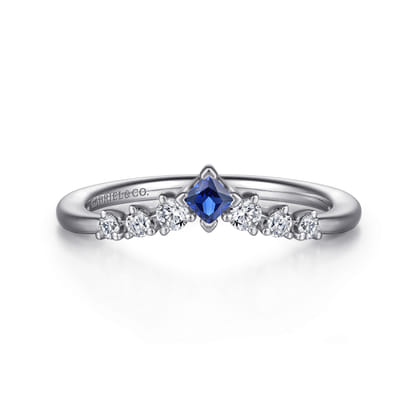 Raine - Curved 14K White Gold Corner Prong Princess Cut Sapphire and Prong Set Round Diamond Anniversary Band