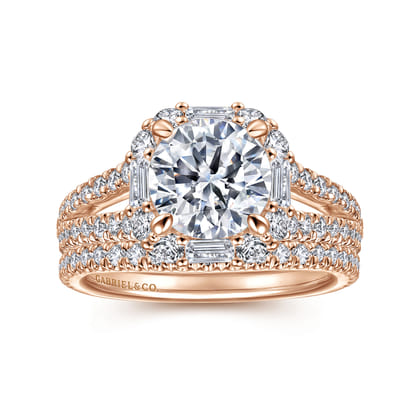 Rainier - 14K Rose Gold Cushion Halo Round Diamond Engagement Ring