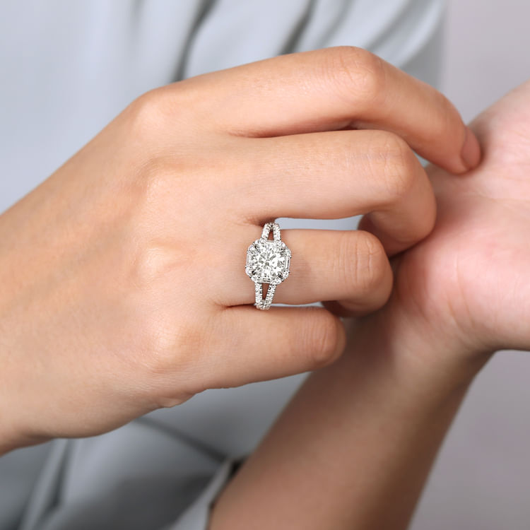 Rainier - 14K White Gold Cushion Halo Round Diamond Engagement Ring
