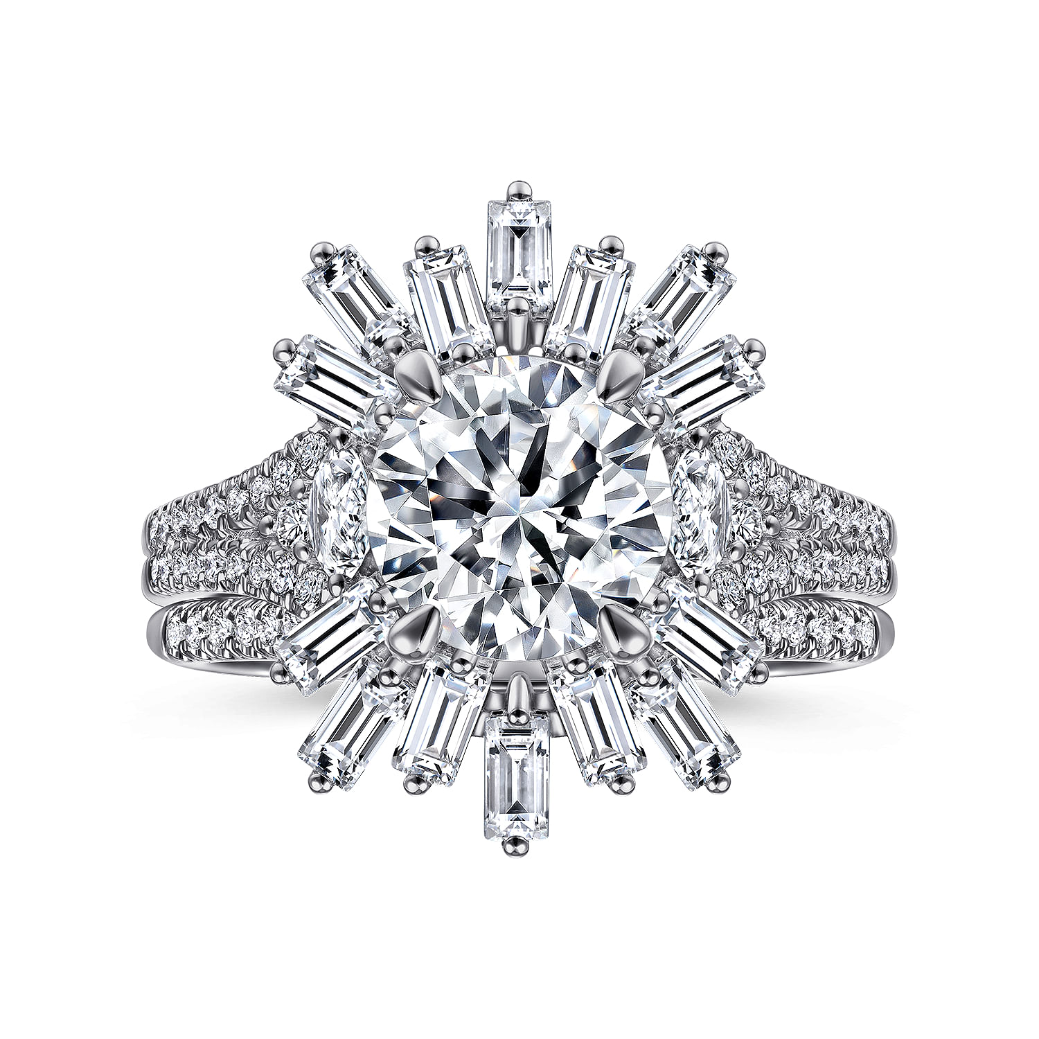 Rapture - Art Deco 14K White Gold Starburst Halo Round Diamond Engagement Ring