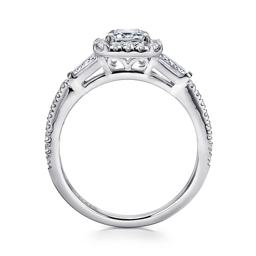 Raveena - 14K White Gold Three Stone Halo Emerald Cut Diamond Channel Set Engagement Ring - 0.58 ct - Shot 2