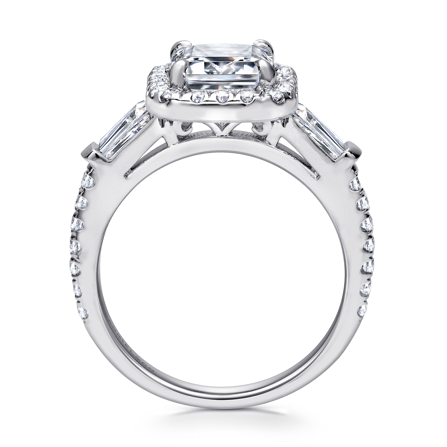 Raveena - 14K White Gold Three Stone Halo Emerald Cut Diamond Channel Set Engagement Ring - 0.75 ct - Shot 2