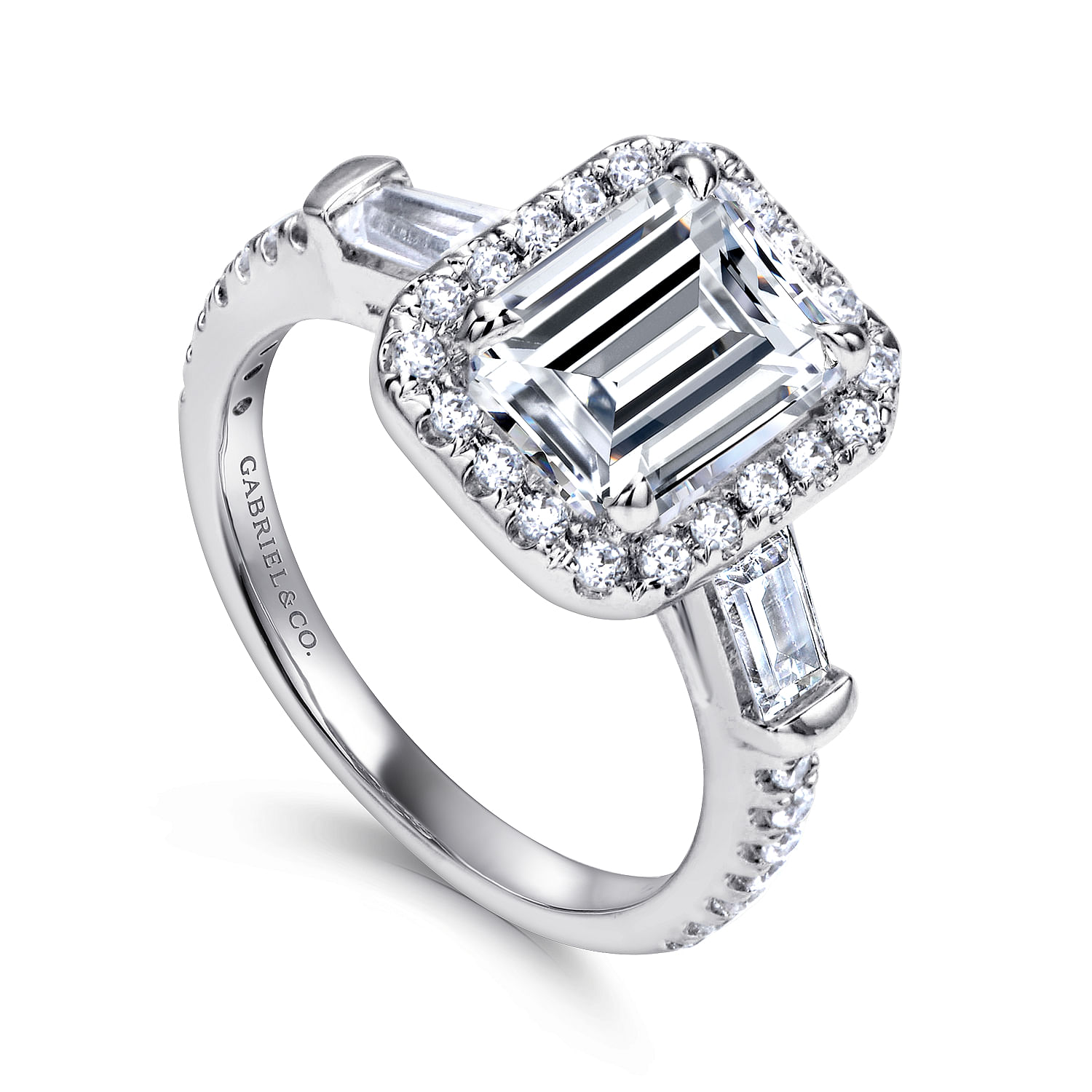 Raveena - 14K White Gold Three Stone Halo Emerald Cut Diamond Channel Set Engagement Ring - 0.75 ct - Shot 3