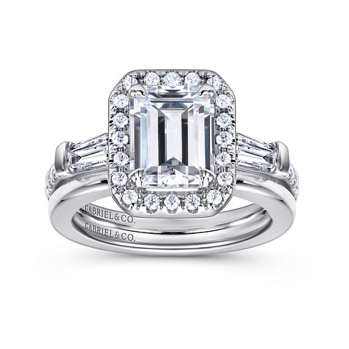 Raveena - 14K White Gold Three Stone Halo Emerald Cut Diamond Channel Set Engagement Ring - 0.75 ct - Shot 4