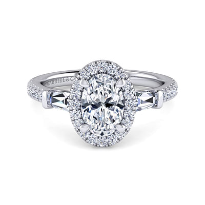 Raveena - Platinum Oval Three Stone Halo Diamond Channel Set Engagement Ring