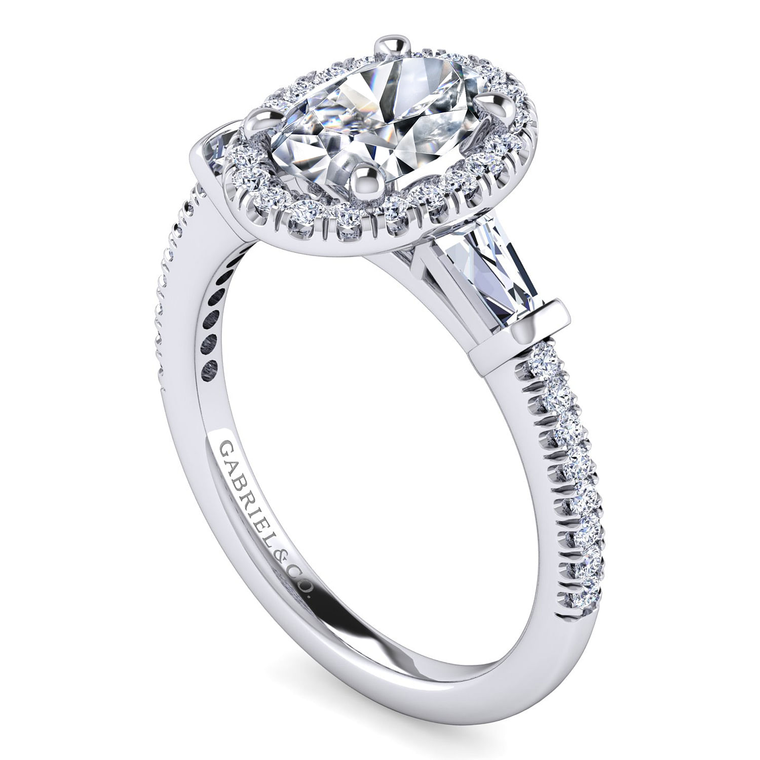Raveena - Platinum Oval Three Stone Halo Diamond Channel Set Engagement Ring - 0.55 ct - Shot 3