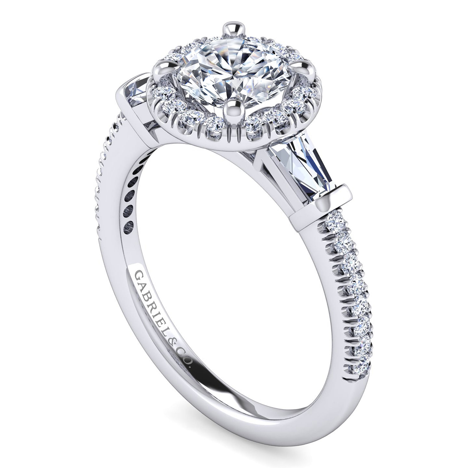 Raveena - Platinum Round Three Stone Halo Diamond Channel Set Engagement Ring - 0.57 ct - Shot 3