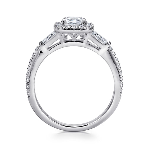 Raveena - Platinum Three Stone Halo Emerald Cut Diamond Channel Set Engagement Ring - 0.58 ct - Shot 2