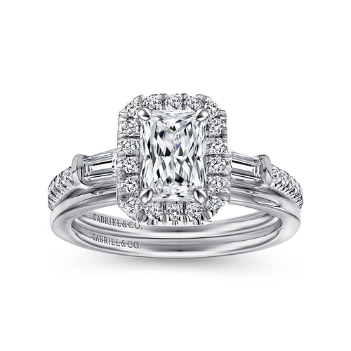 Raveena - Platinum Three Stone Halo Emerald Cut Diamond Channel Set Engagement Ring - 0.58 ct - Shot 4