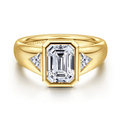 Reaux - 14K Yellow Gold Emerald Cut Three Stone Bezel Set Diamond Engagement Ring