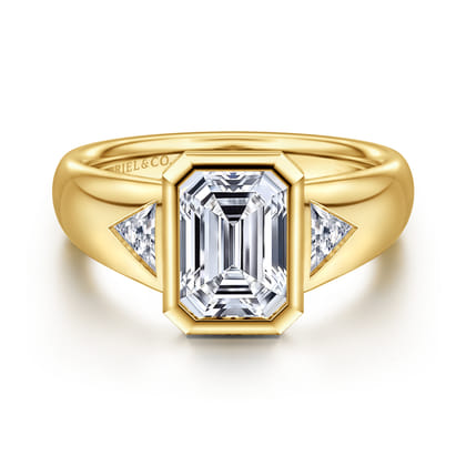 Reaux - 14K Yellow Gold Emerald Cut Three Stone Bezel Set Diamond Engagement Ring