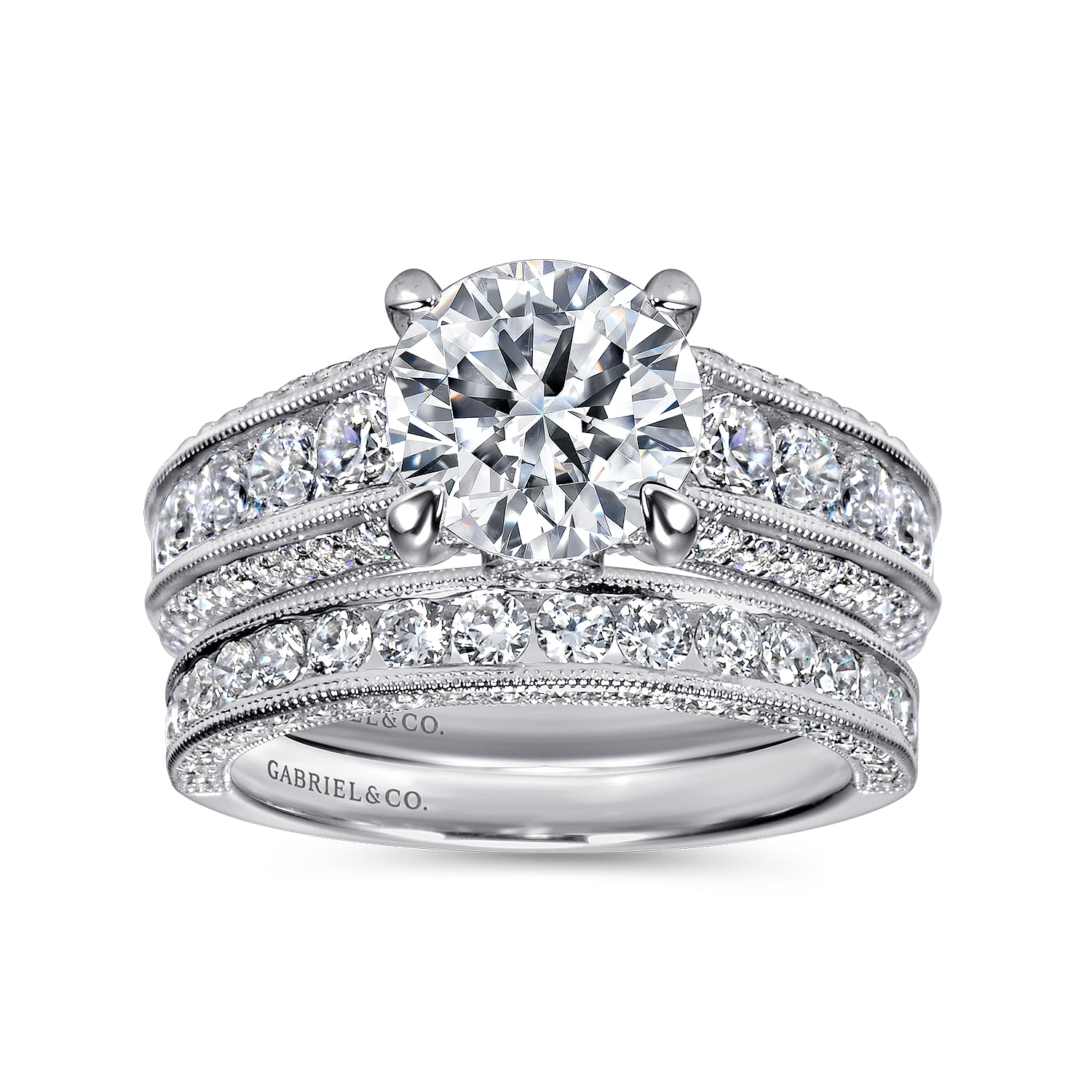 Rebecca - Platinum Vintage Inspired Round Wide Band Diamond Channel Set Engagement Ring