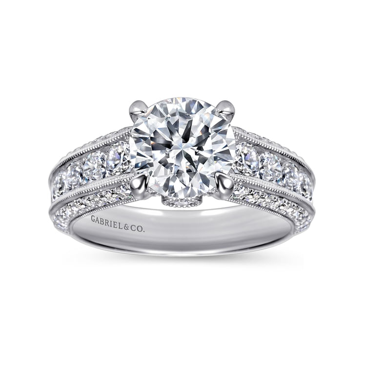 Rebecca - Platinum Vintage Inspired Round Wide Band Diamond Channel Set Engagement Ring