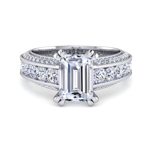 Rebecca - Vintage Inspired 14K White Gold Emerald Cut Wide Band Diamond Channel Set Engagement Ring