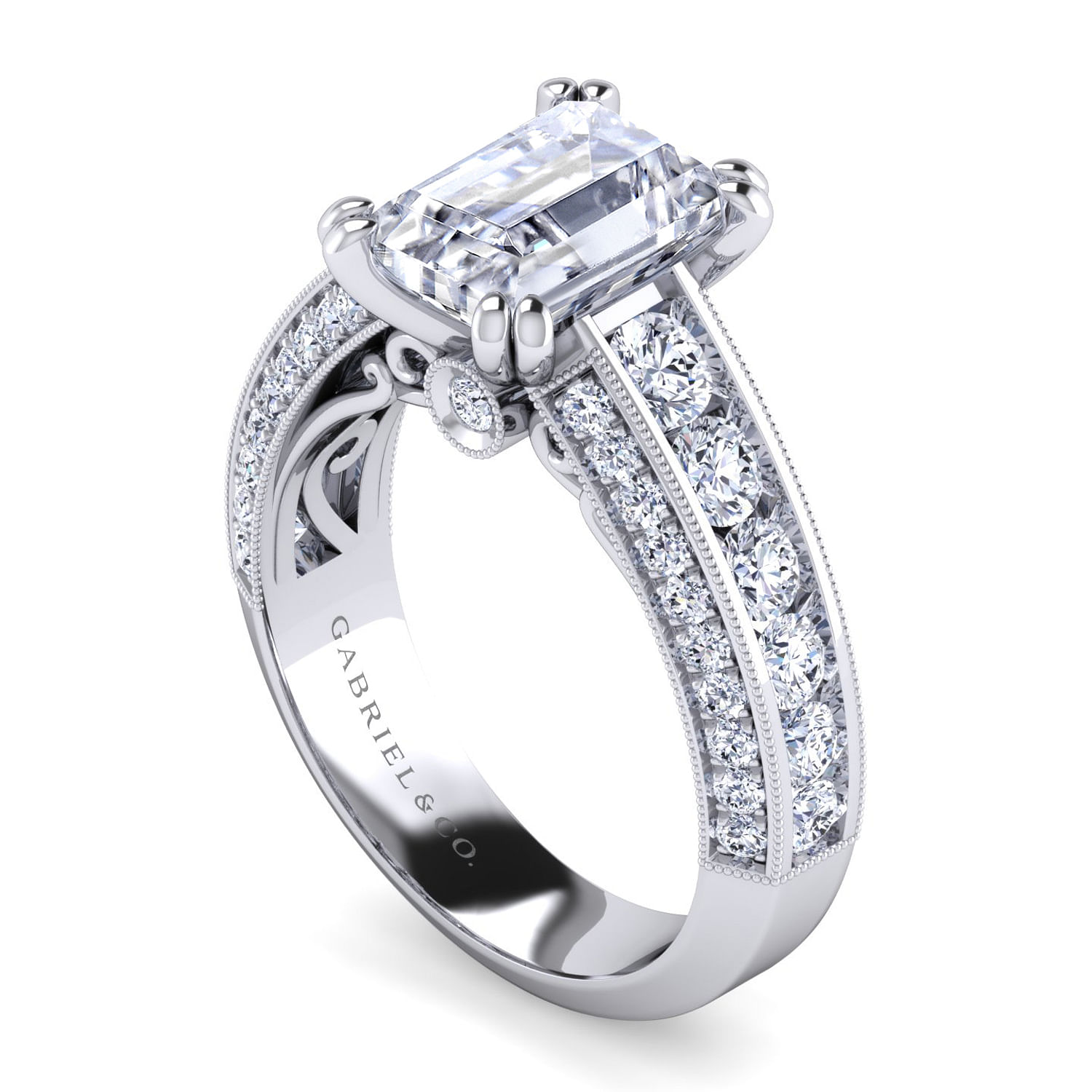 Rebecca - Vintage Inspired 14K White Gold Emerald Cut Wide Band Diamond Channel Set Engagement Ring - 1.28 ct - Shot 3