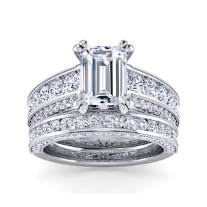 Rebecca - Vintage Inspired 14K White Gold Emerald Cut Wide Band Diamond Channel Set Engagement Ring