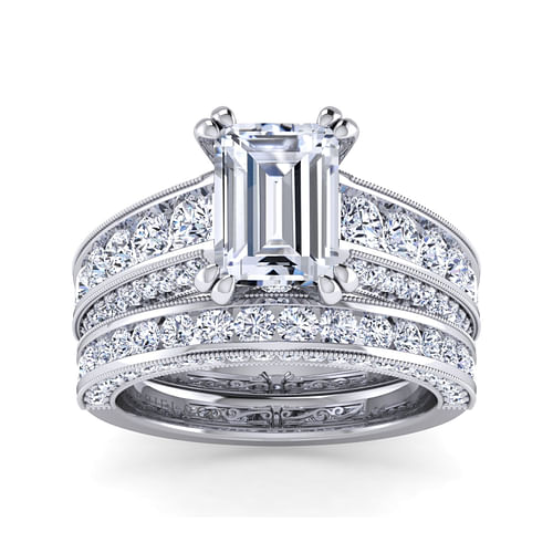 Rebecca - Vintage Inspired 14K White Gold Emerald Cut Wide Band Diamond Channel Set Engagement Ring - 1.28 ct - Shot 4