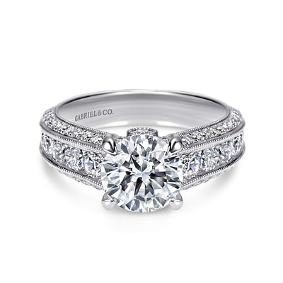 Rebecca - Vintage Inspired 14K White Gold Round Wide Band Diamond Channel Set Engagement Ring