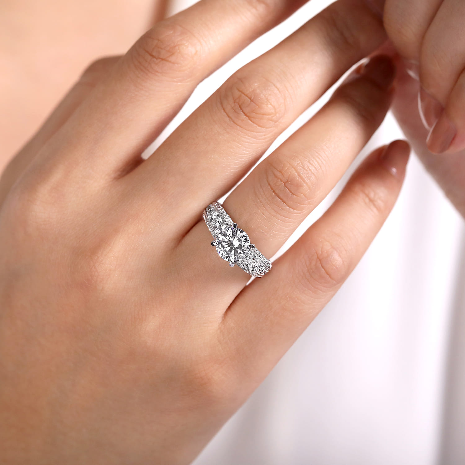 Rebecca - Vintage Inspired 14K White Gold Round Wide Band Diamond Channel Set Engagement Ring