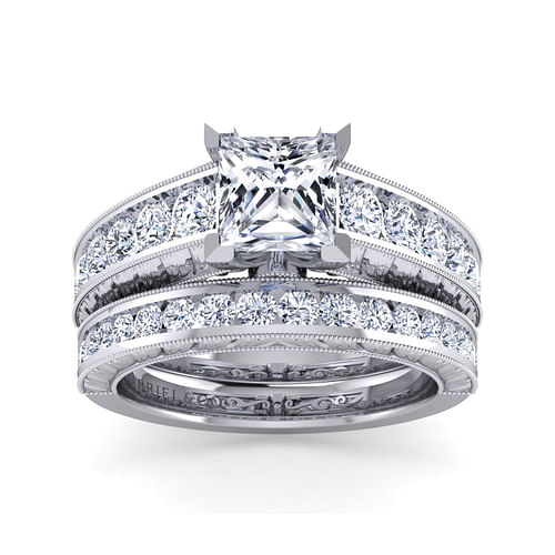 Rebecca - Vintage Inspired 14K White Gold Wide Band Princess Cut Diamond Channel Set Engagement Ring - 1.28 ct - Shot 4