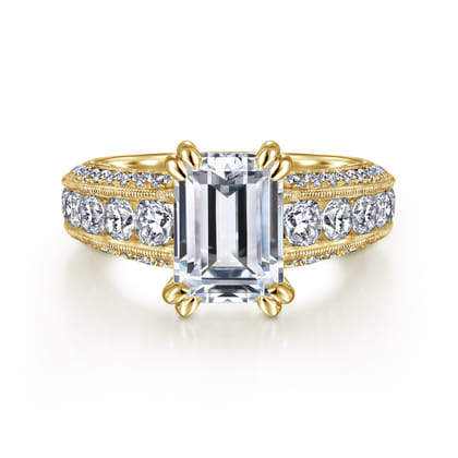 Rebecca - Vintage Inspired 14K Yellow Gold Wide Band Emerald Cut Diamond Channel Set Engagement Ring