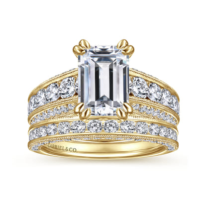 Rebecca - Vintage Inspired 14K Yellow Gold Wide Band Emerald Cut Diamond Channel Set Engagement Ring