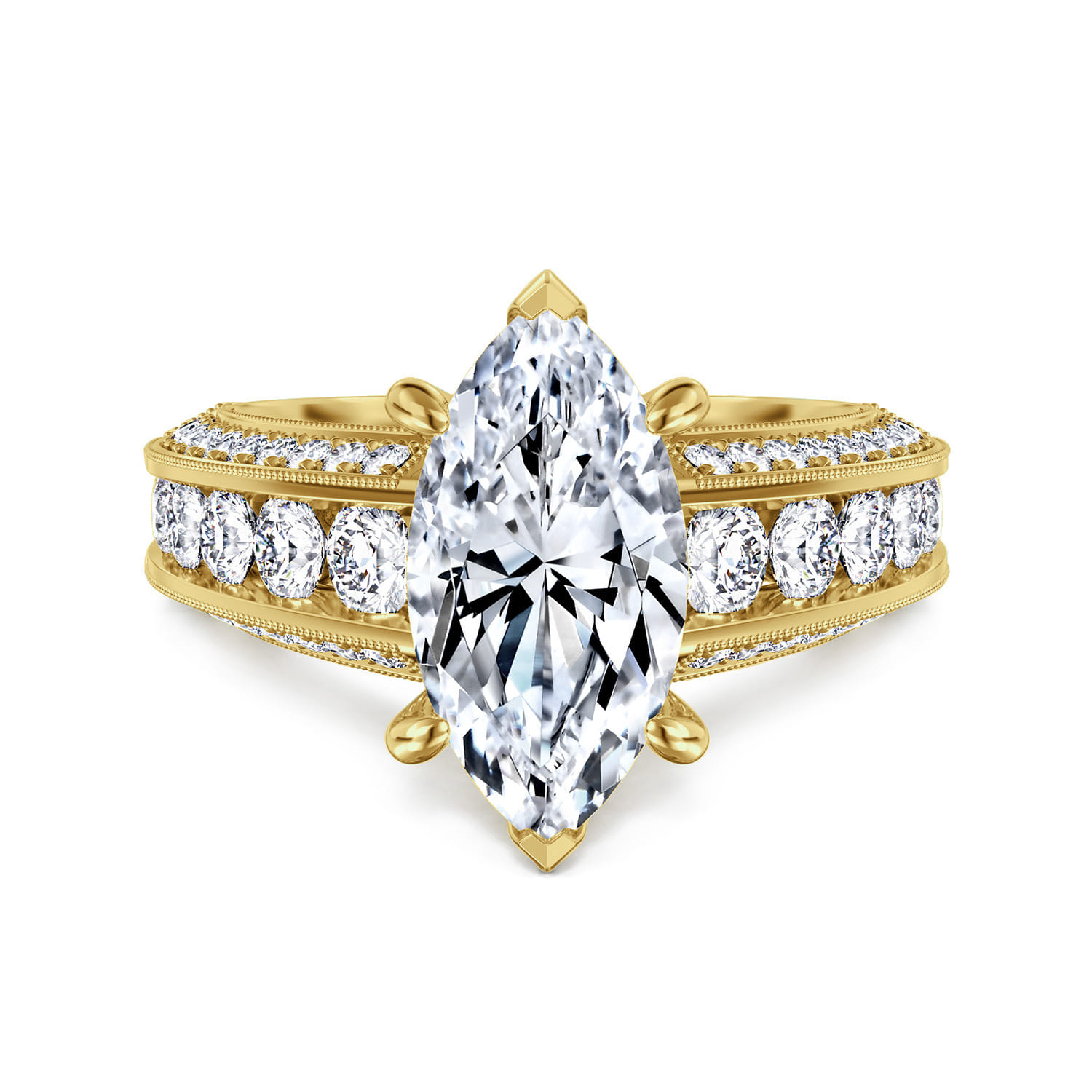Rebecca - Vintage Inspired 14K Yellow Gold Wide Band Marquise Shape Diamond Channel Set Engagement Ring
