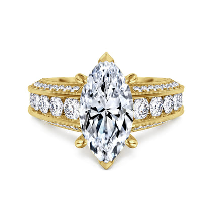 Rebecca - Vintage Inspired 14K Yellow Gold Wide Band Marquise Shape Diamond Channel Set Engagement Ring