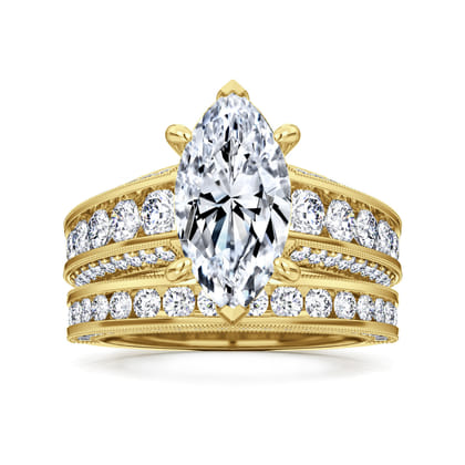 Rebecca - Vintage Inspired 14K Yellow Gold Wide Band Marquise Shape Diamond Channel Set Engagement Ring